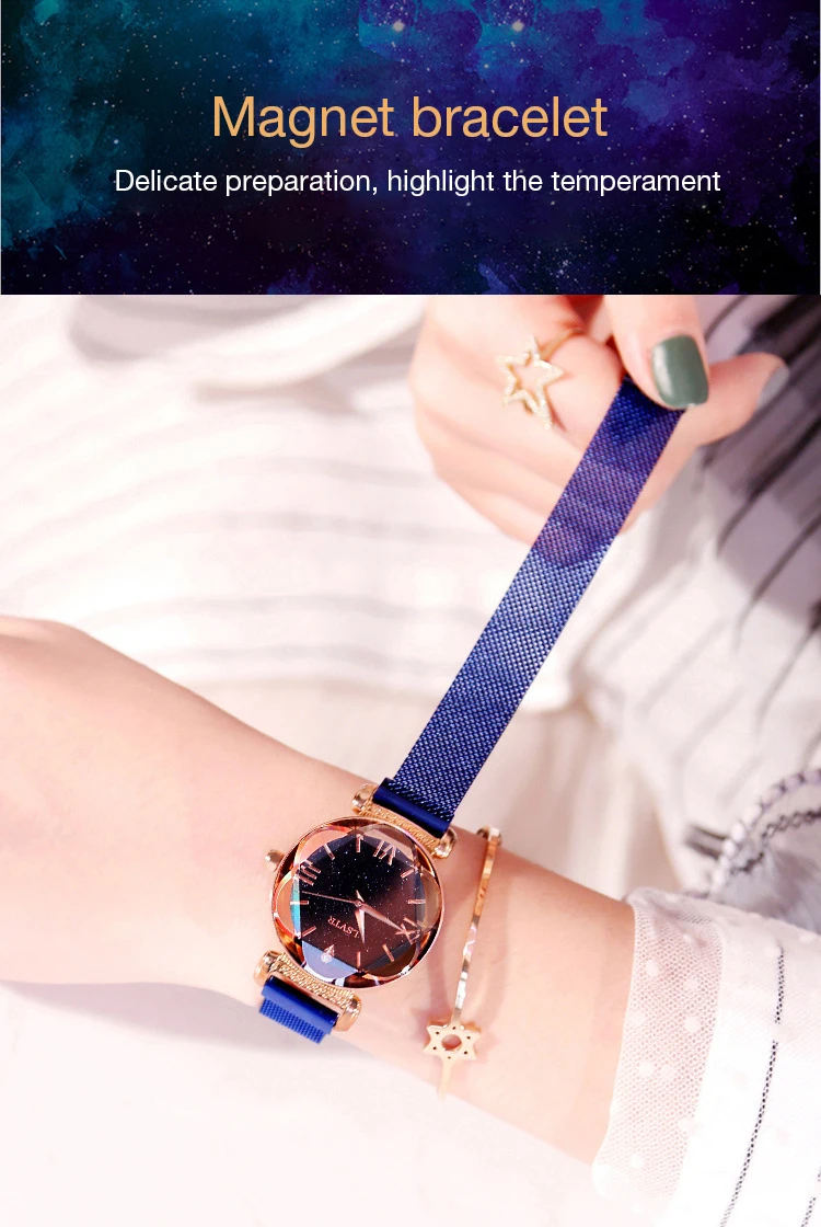 VOHE Роскошные кристаллическая звезда небо женские магнитные часы Фиолетовый Леди стальной ремешок кожанный браслет часы римские цифры