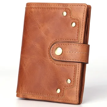 

Men's wallet Cowhide card holder photo holder leather large capacity retro short buckle bi-fold wallet