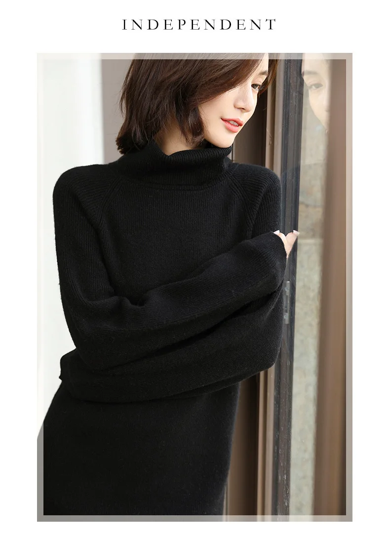 Autumn Winter Women Turtleneck Pullover long Sweater Dress ladies Long Sleeve Knitted maxi Vestido Casual Loose Robe pull Femme