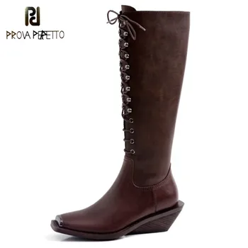 

2020 top quality genuine leather shoes women Motorcycle Boots square toe zip vintage wedges knee high boots female