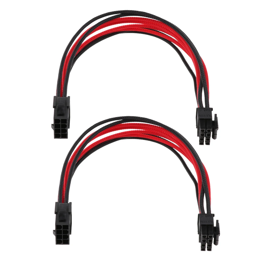 2pcs CPU 8-Pin Power Supply Extension Cable Lead ATX PSU Male to Female Cord Black Red Sleeved 30cm