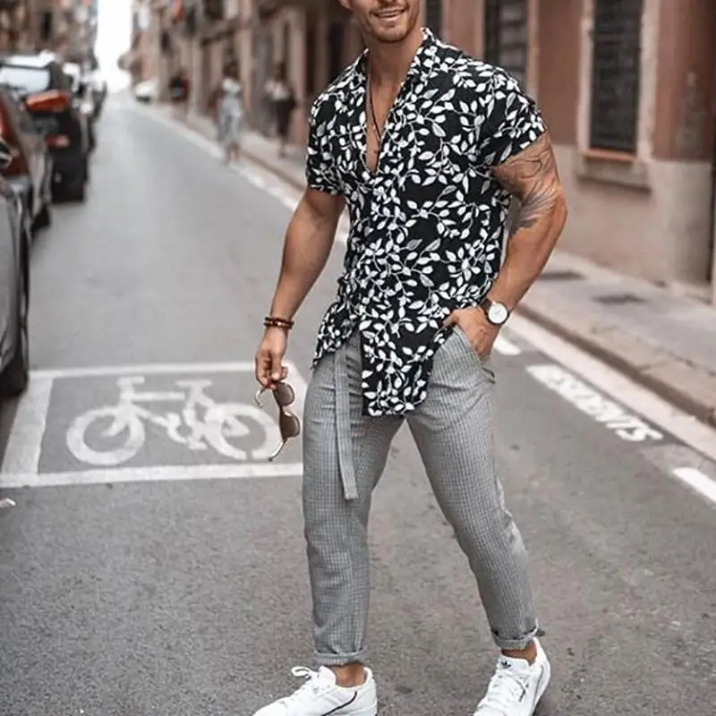 Floral Print Мужские рубашки с цветочным принтом, полосатая Повседневная приталенная рубашка на пуговицах, модная Мужская Летняя Повседневная рубашка, блуза с коротким рукавом - Цвет: Floral Print