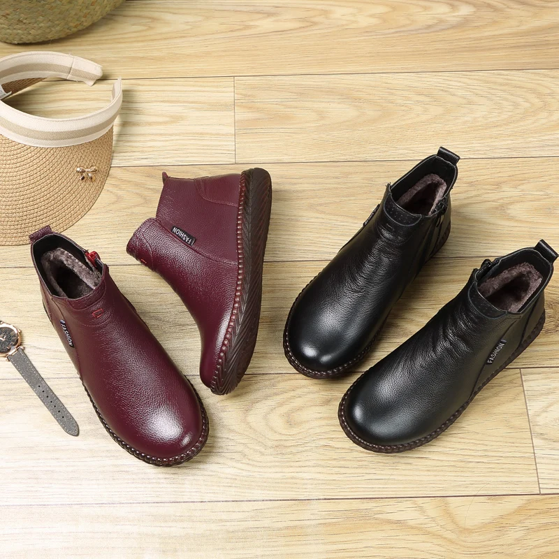 PEIPAH Vintage Handmade Genuine Leather Women Ankle Boots Casual Snow Boots Winter Ladies Flat Shoes Zip Rubber Botines Mujer