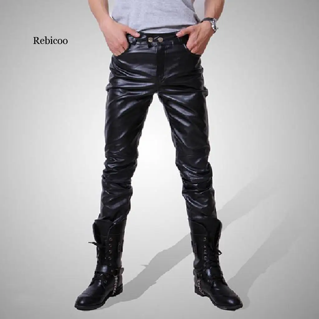 Men skinny faux leather leisure pants black pu Shiny pants singers club performance on stage Dancer jeans plus Negotiating