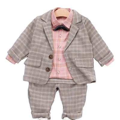 Комплект одежды в клетку для маленьких мальчиков, розовая рубашка+ пальто+ штаны, костюм детский осенний костюм джентльмена, одежда для детей - Цвет: Khaki