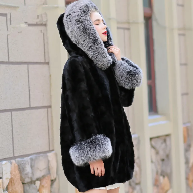AYUNSUE Natural Real Mink Coat Female Fox Fur Collar Luxury Fur Coats Winter Jacket Women Warm Long Jackets Plus Size 5xl MY4158