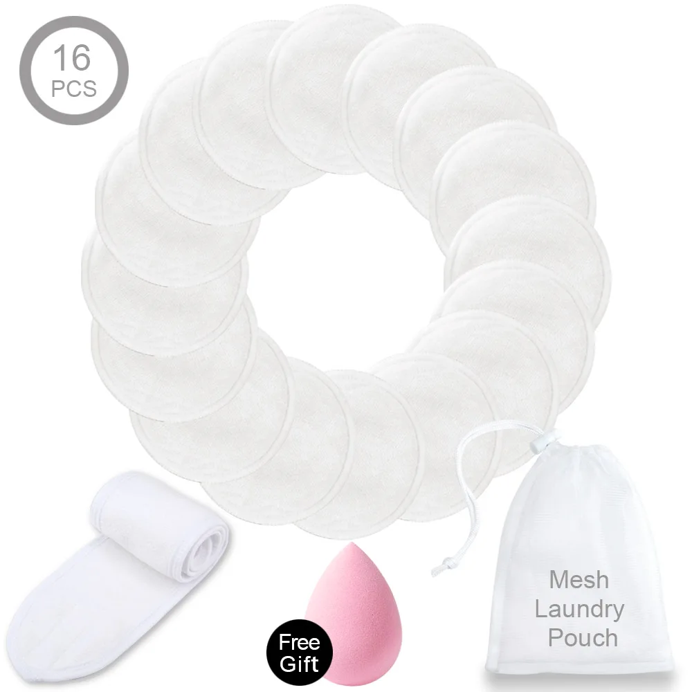 16White and Headband Многоразовые подушечки для макияжа моющиеся очищающие хлопок микрофибра для удаления и 1 шт. спа-повязка на голову для лица лента для волос для нанесения макияжа с мешком для стирки - Цвет: 16White and Headband