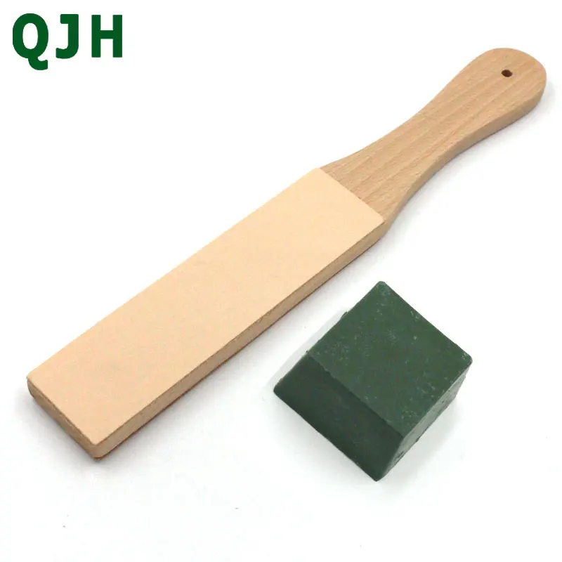 QJH Knife Sharpener Wooden Handle Leather Sharpening Tools Strop Handmade Razors Polishing Board And Polishing Wax Leather Paste