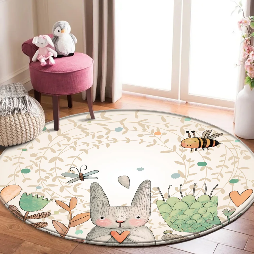 Baby play mat round children carpet simple animal rabbit bee pattern children flannel carpet baby hand print carpet 3
