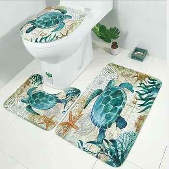 

3pcs/set Toilet Cover Mat Foot Pad Floor Rug Sea Animal Print Bathroom Mats PVC Non-slip Bottom Toilet Rug Sea Themed Home Decor
