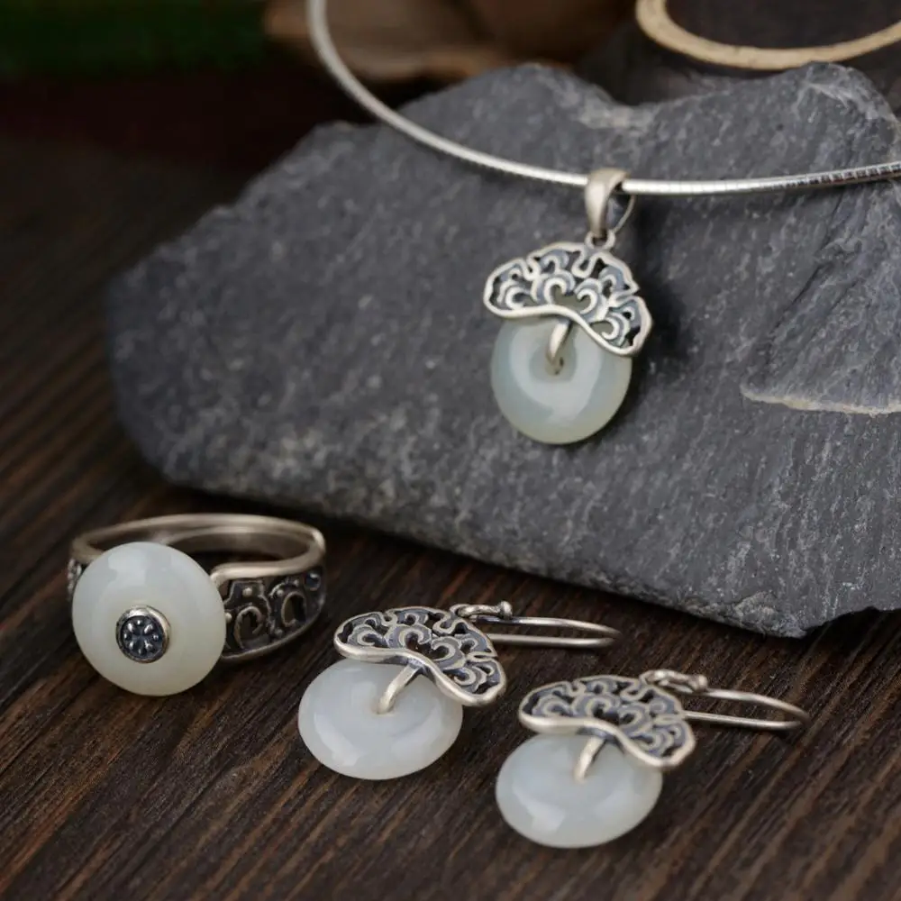 925 Sterling Silver Jade Rings For Women Natural Gemstone Pendant Flower Design Vintage Style Jewelry 925 Sterling Silver Jade Rings For Women Natural Gemstone Pendant Flower Design Vintage Style Jewelry