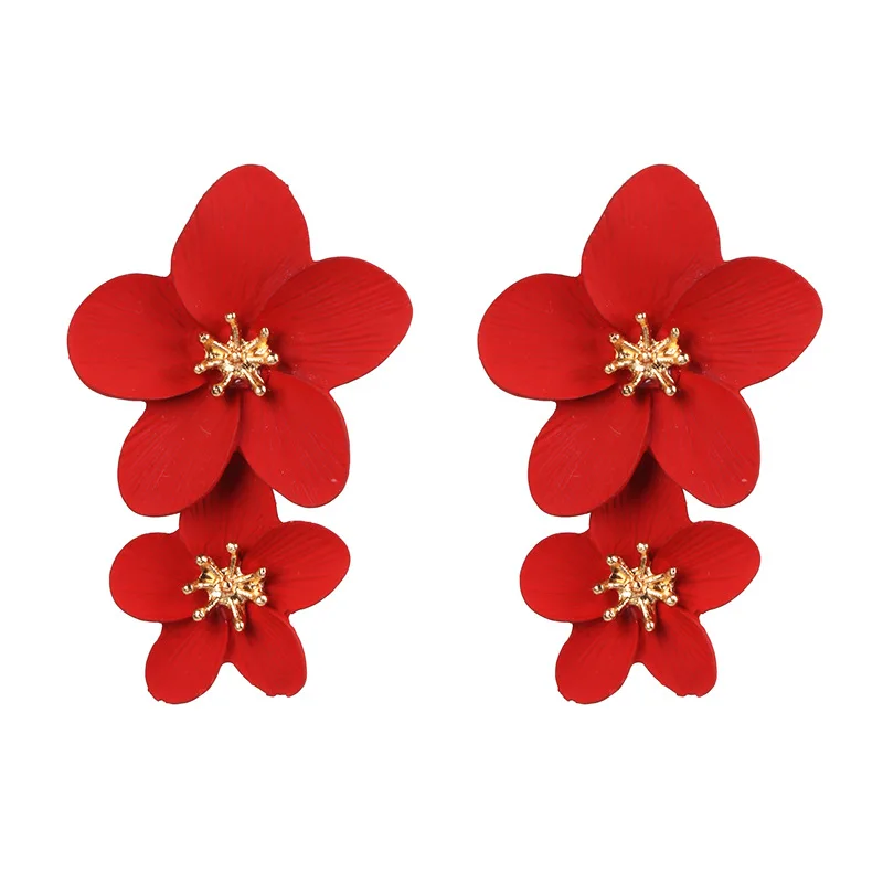 New Design Fashion Jewelry Elegant Big Double Flower Yellow Red Earrings Bohemian Style Beach Party Earring for Woman