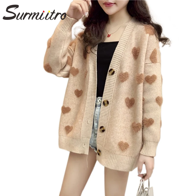 

Surmiitro Heart Knitted Jacket Women For Autumn Winter 2019 Ladies Korean Pink Blue Sweater Long Sleeve Cardigan Female Coat