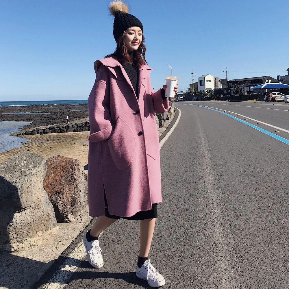

Photo Shoot 2018 Winter New Style Retro British Style Mid-length Hooded Single-Breasted Woolen Overcoat Woolen Jacket Women's