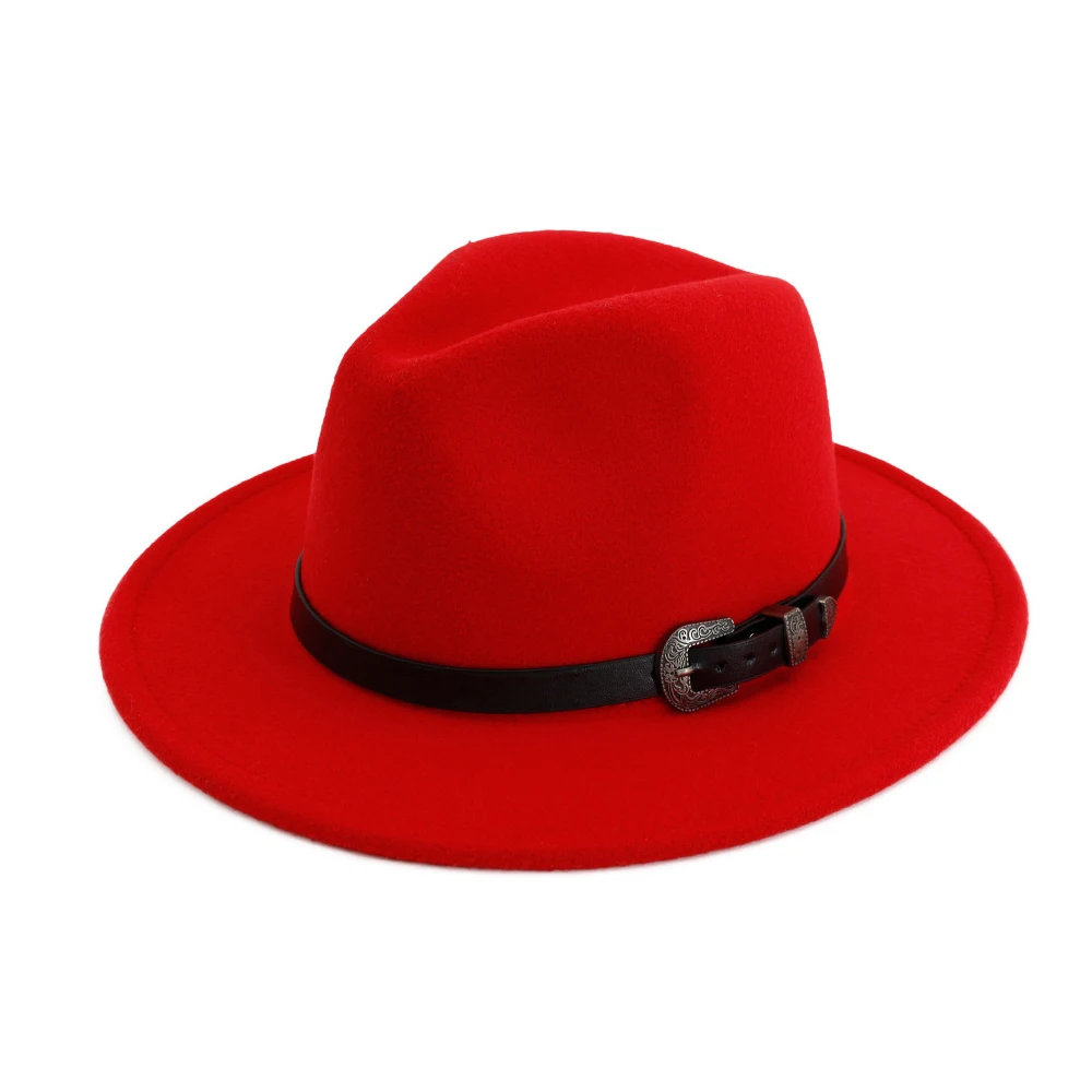 Женская мужская фетровая шляпа с кожаным поясом широкая шляпа модная осенне-зимняя шапка - Color: Red