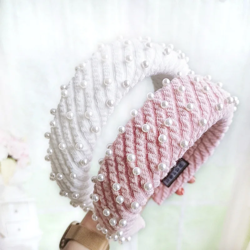 

CN Knitted Striped Bezel Hairbands Sponge Thick Hair Hoop Daily Wide Headband For Women Elastic Girls Head Wrap Hair Accessories