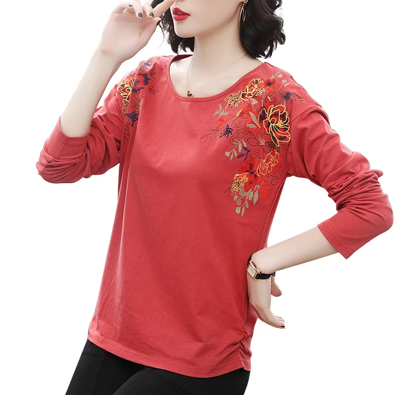 Mon Flower Embroidery Long Sleeve Tshirt Women O-Neck Fashion Clothes Female Folds Tee Shirts Casual | Женская одежда