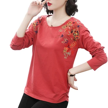 

Mon Flower Embroidery Long Sleeve Tshirt Women O-Neck Fashion Clothes Female Folds Tee Shirts Casual