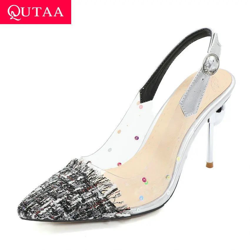 

QUTAA 2020 Pointed Toe Thin Heel Summer Ladies Shoes Patchwork PU Leather Sequins Sandals Slingback Buckle Women Pumps Size34-43