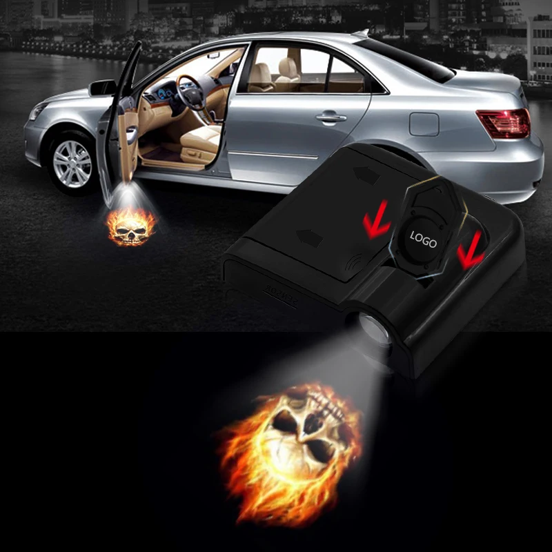 

2pcs Shadow Lamp Projector Light Car Led Wireless Door Logo Light Welcome Decor Lamp Laser Atmosphere Fire skull Car Light