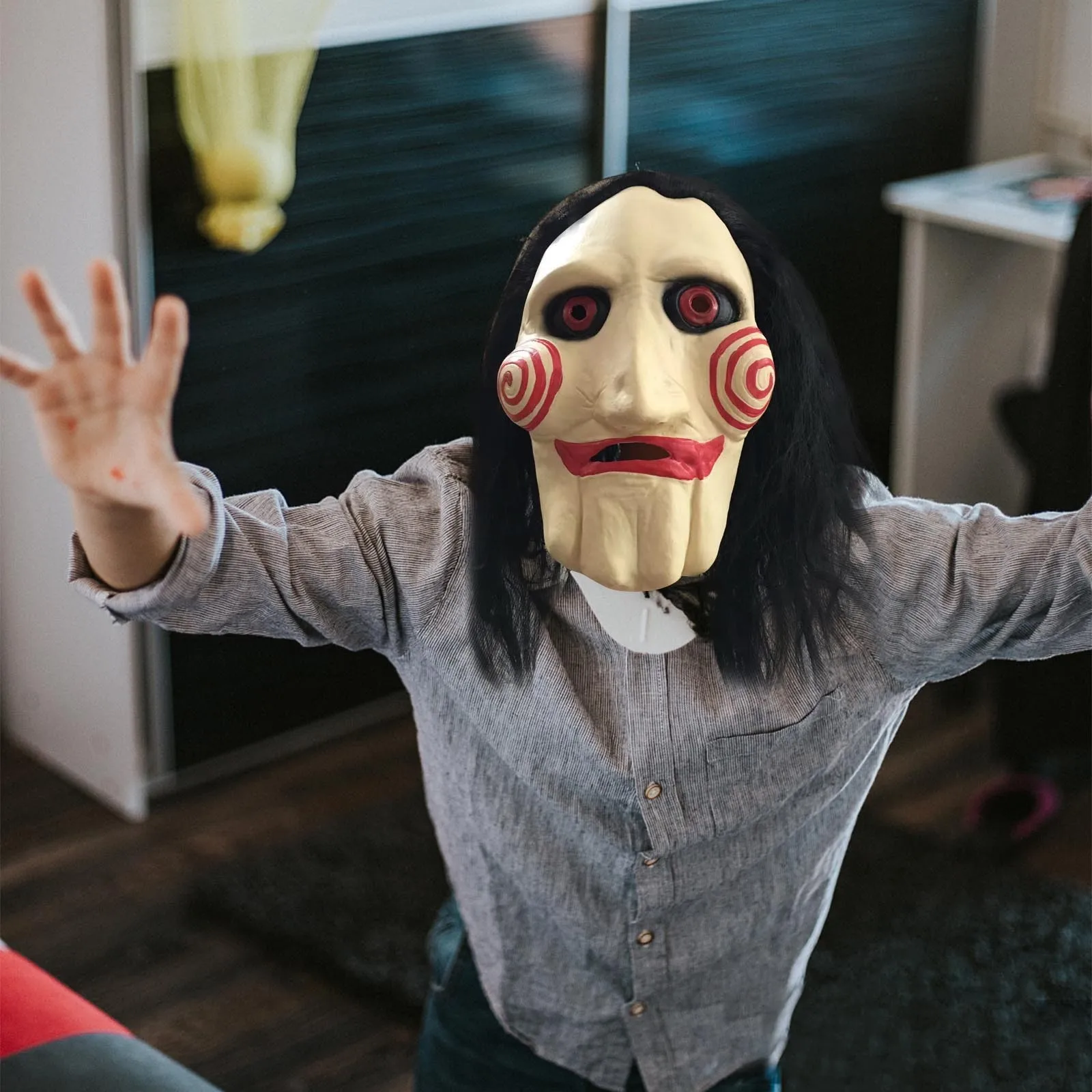Movie Saw Chainsaw Massacre Jigsaw Puppet Masks with Wig Hair Latex Creepy Halloween Horror Scary mask Unisex Party Cosplay Prop | Дом и сад