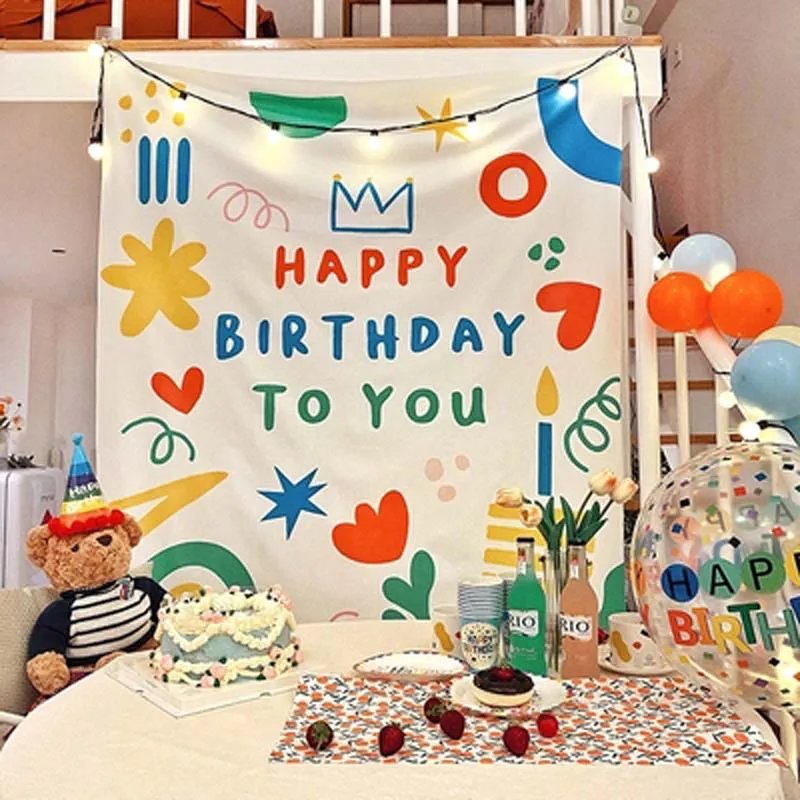 

Happy Birthday Background Tapestry Cloth Kawaii Children's Room Wall Decoration Girls' Dormitory Cartoons Home Party Decor