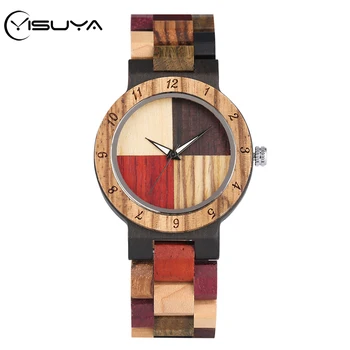 

YISUYA Wooden Watches Women Mixed Color Stitching Cross Wood Quartz Watch Men's Adjustable Band Unique Gifts for Men Women 2020