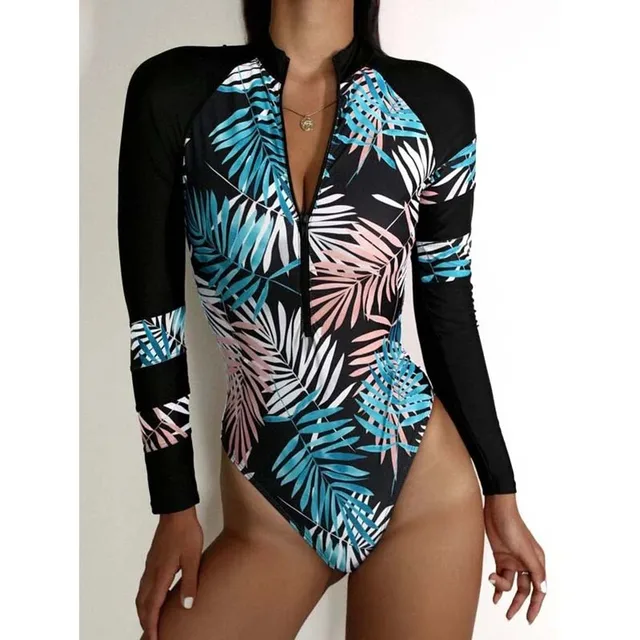 Summer Print Zipper One Piece Swimsuit Closed Long Sleeve Swimwear Sports Surfing Women s Swimming Bathing Suit Beach Bather