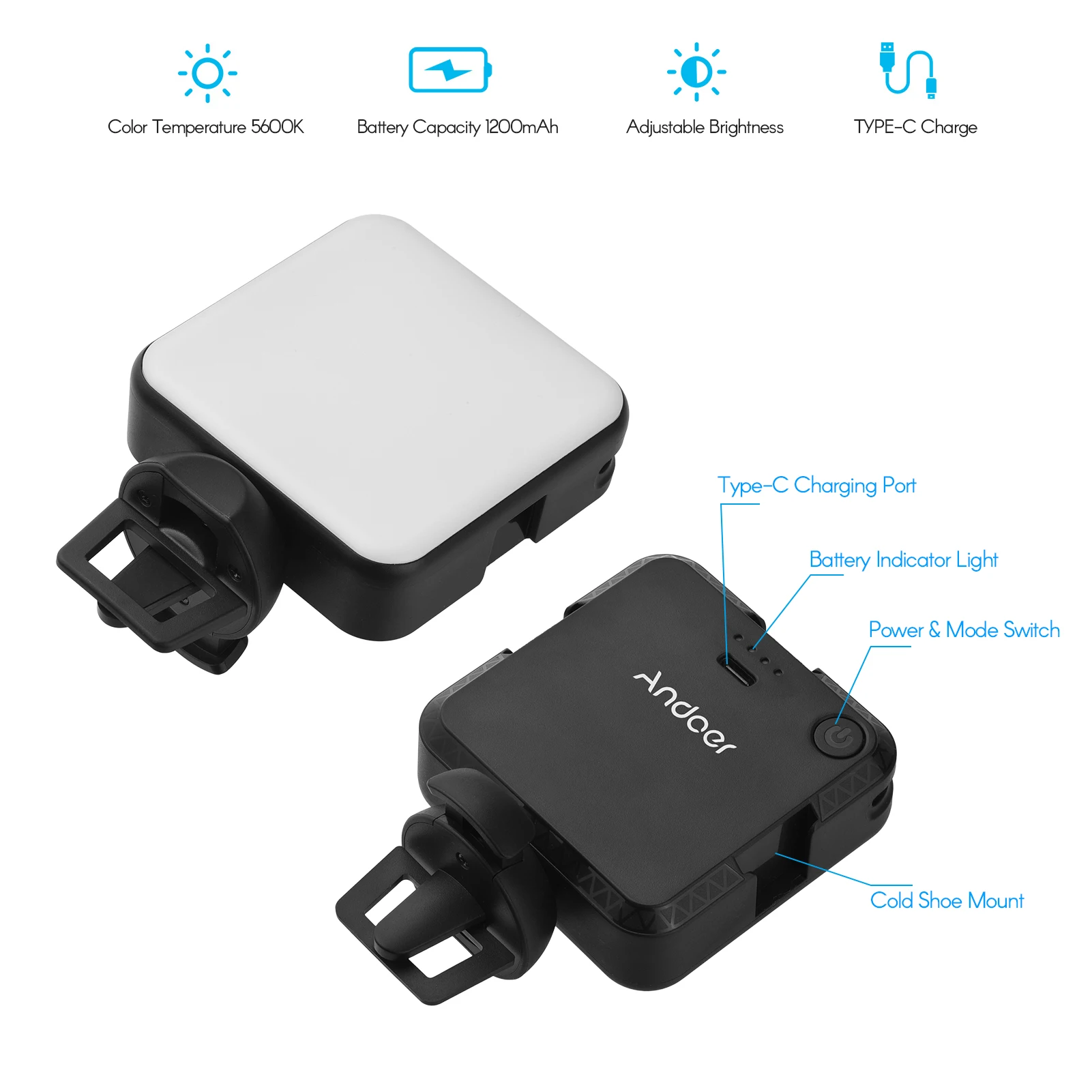 Andoer 라이브 스트림 비디오 촬영 회의용 미니 LED 조명, 밝기 조절 가능, 3 콜드 슈 마운트, W36, 5600K