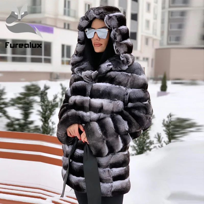 Furealux, кожа, настоящая Шиншилла, шуба из кролика Рекс, натуральный, полная длина, женский пуховик, кроличий мех, настоящее зимнее пальто