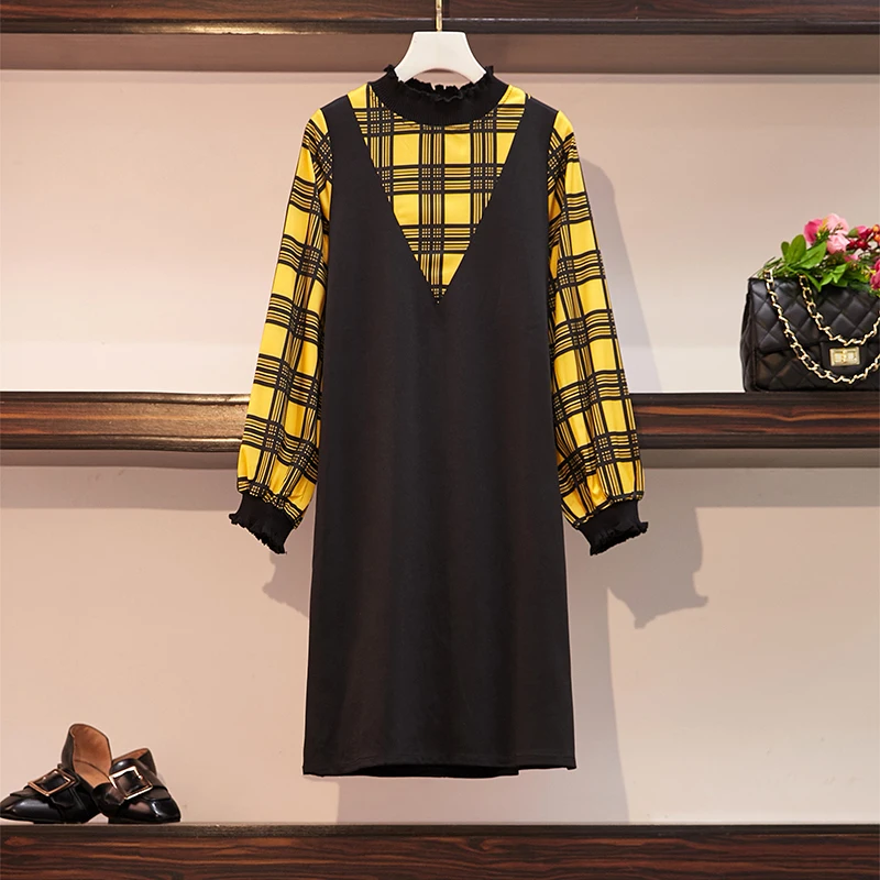 

L-3XL Plus size 2019 Autumn Women O Neck Long Sleeves Plaid Patchwork Loose Dress Female Dresses Oversize N310