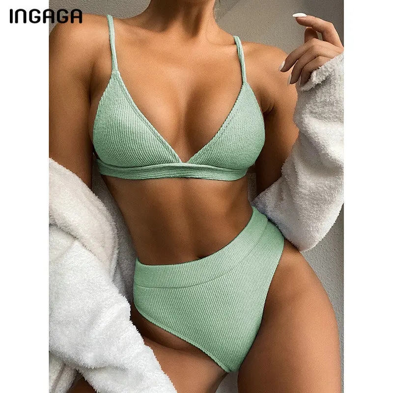 INGAGA Push Up Bikinis Women's Swimsuits High Waist Swimwear Women 2021 Ribbed Biquini Bathing Suits Sexy Brazilian Bikini Set blue bikini set