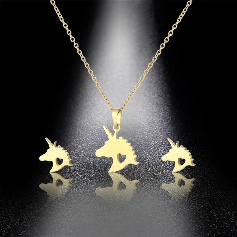 

Stainless Steel Unicorn Earrings Necklace Set For Women Animal Pendant Necklace Clavicle Chain Jewelery 2020 New Fashion Gift