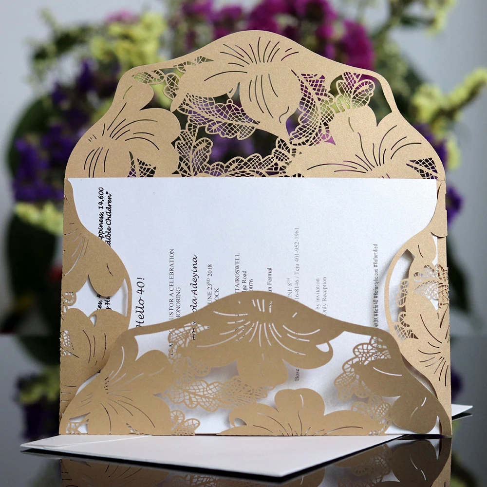  10pcs Elegant Square Hollow Lover Flower Laser Cut Wedding Invitation Card With Ribbon Personalized - 4.0003E+12