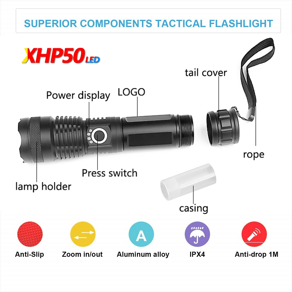 Super-Powerful-XHP70-LED-Flashlight-LED-Torch-USB-XHP50-Zoom-Tactical-Torch-18650-26650-Rechargeable-Battery