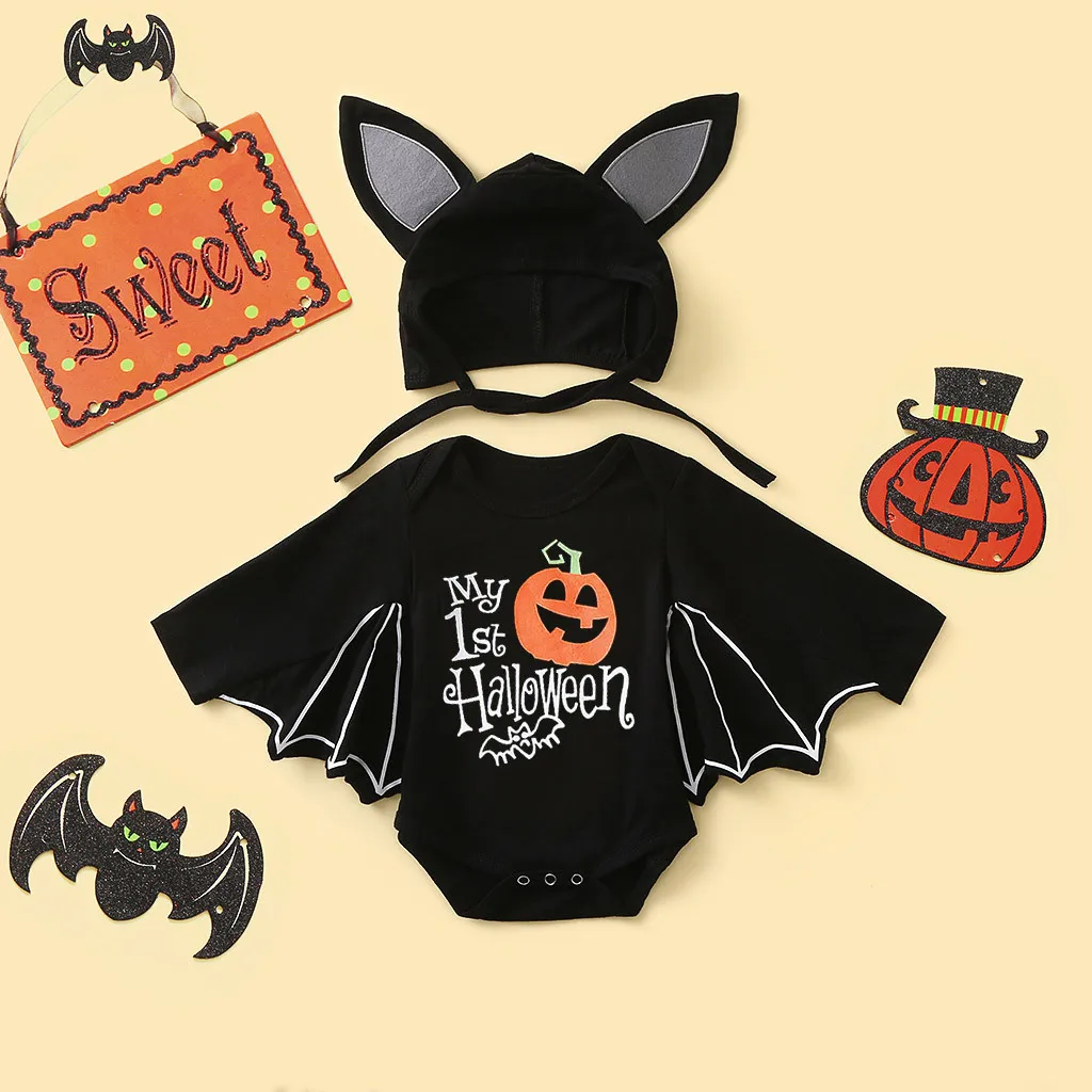 Winter Festival-wear Clothes Newborn Baby Boys Girls Halloween Cosplay Costume Pinrt Romper Bodysuit+Hat Outfits For 6-18M