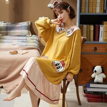 

Spring and Autumn Nightdress Women Pure Cotton Women's Nightgown Long Sleeve Ladies Cute Cartoon Long Long Skirt Home Clothes