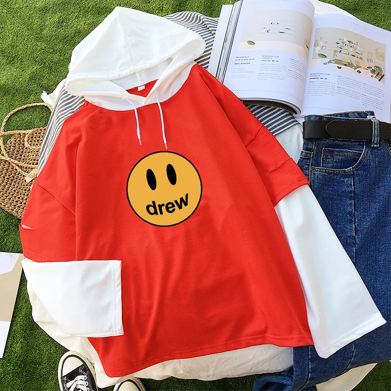 Женские толстовки с капюшоном со смайликом Kawaii Drew, модные толстовки с заниженным плечом, повседневная женская уличная одежда для осени и зимы