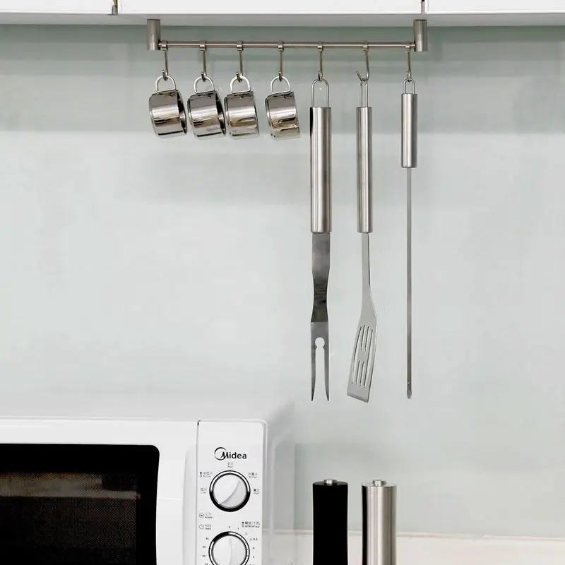 Кухонный рельсовый стеллаж, настенный стеллаж для посуды, Вешалка из нержавеющей стали, крючки для кухонных инструментов, горшок, полотенце, 7 раздвижных крючков