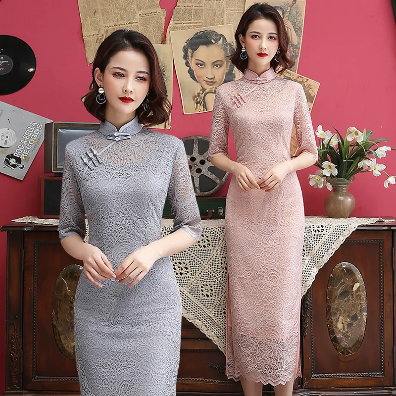 Новинка, китайское традиционное женское платье с кружевной аппликацией, Qipao, Добби, сексуальное вечернее платье, элегантное, сексуальное, летнее, Cheongsam Vestidos