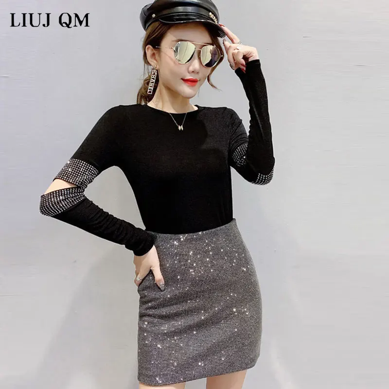 Autumn Fashion Hot Drilling Hole Short Sleeve Tshirts For Women Solid Color All-match Loose Black Feminine Tops 234