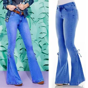

Ladies Jeans Mid-Waist Belt Denim Slim Stretch Micro Bell Bottom Jeans Bodycon Casual Fashion Jeans d88