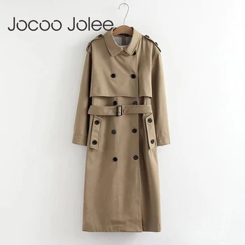 

Jocoo Jolee Women Casual Solid Color Double Breasted Outwear Fashion Sashes Office Coat Chic Epaulet Design Long Trench Coat