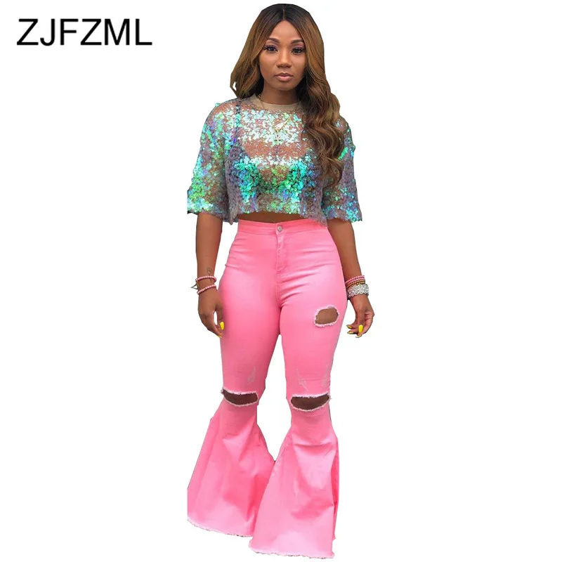 

Washed Denim Sexy Flare Pants Women High Waist Hollow Out Bodycon Bell Bottom Trousers Plus Size Causal Pink Full Length Joggers