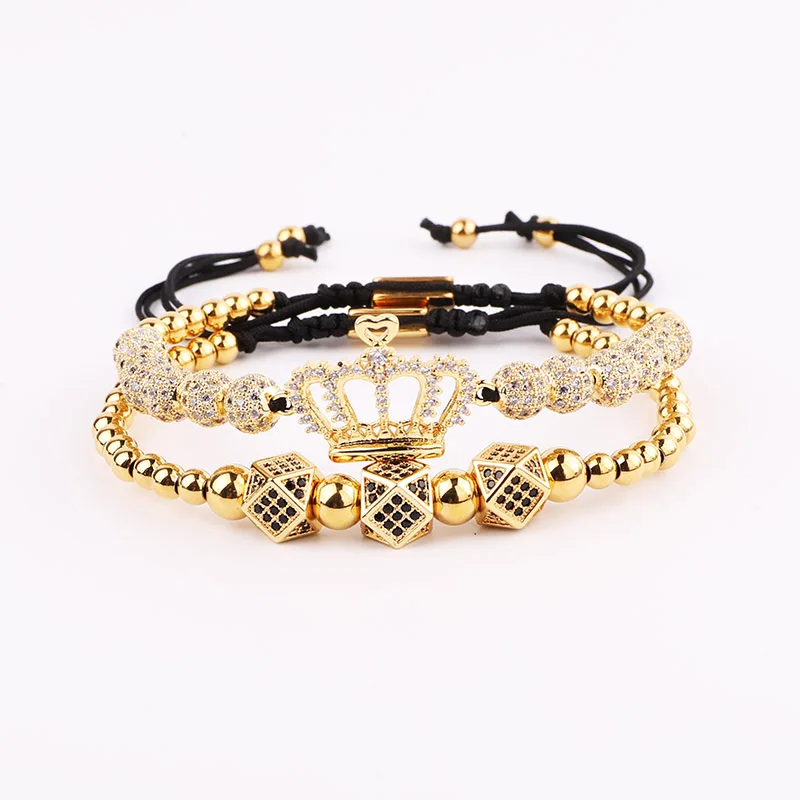 New Design Luxury Crown Bracelet Jewelry Gold Plated CZ Pave Charm Beaded Macrame Bracelet Set Male - Image 5