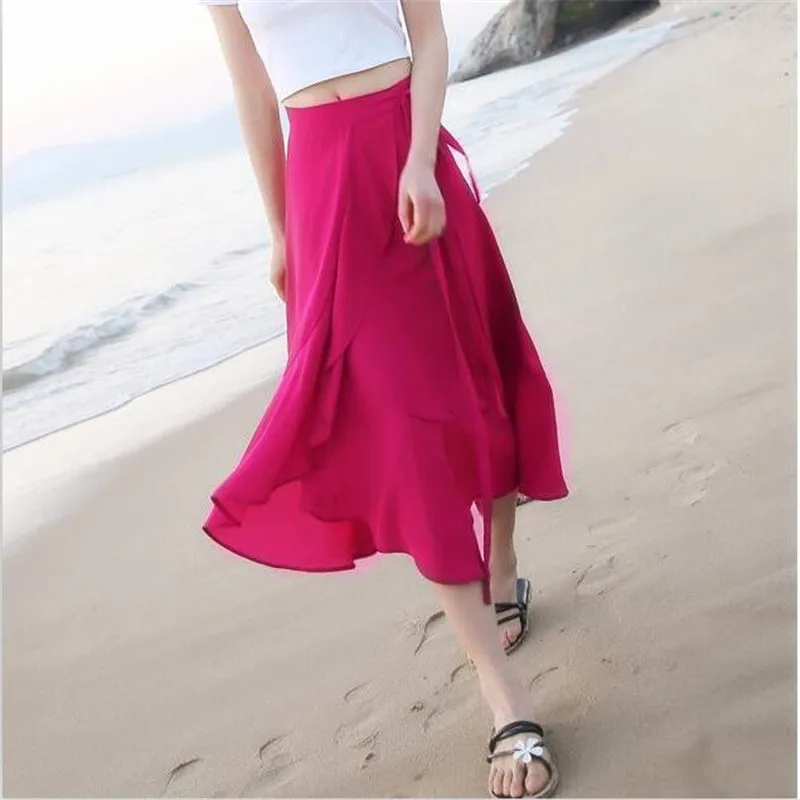 Boho Ruffles летние пляжные юбки для женщин Высокая талия шифоновая Длинная тонкая юбка цельная раздельная юбка размера плюс M-7XL 8XL - Цвет: Розово-красный