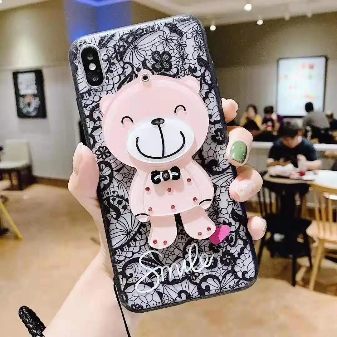 Чехлы с принтом "Кролик" для huawei P20 Pro P20 Lite P10 Nova 3E P9 Lite Mini Y9 Y7 Pro Y6 Prime Enjoy 7 с кружевным держателем и подставкой - Цвет: Black Bear