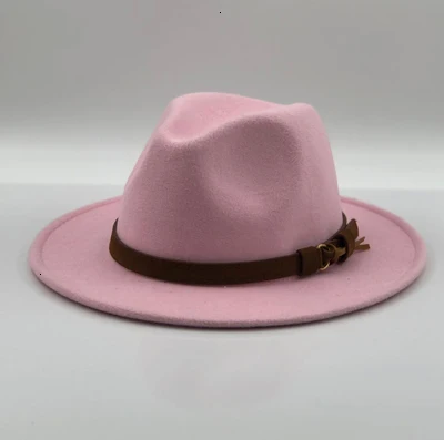 Модная шерстяная фетровая шляпа с широкими полями для мужчин и женщин, для формальной вечеринки, джазовая шляпа Федора с пряжкой на ремне, желтая, оранжевая, розовая Панама - Цвет: pink
