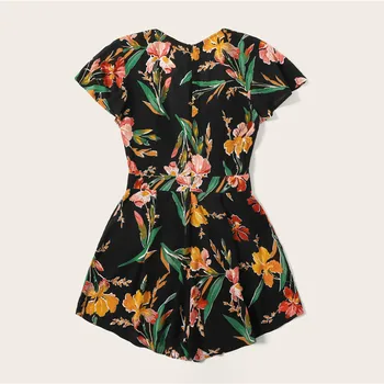 

Boho Multicolor Zip Back Knot Front Floral Print Rompers Womens Jumpsuit Summer Deep V Neck Cap Sleeve Sexy Playsuit
