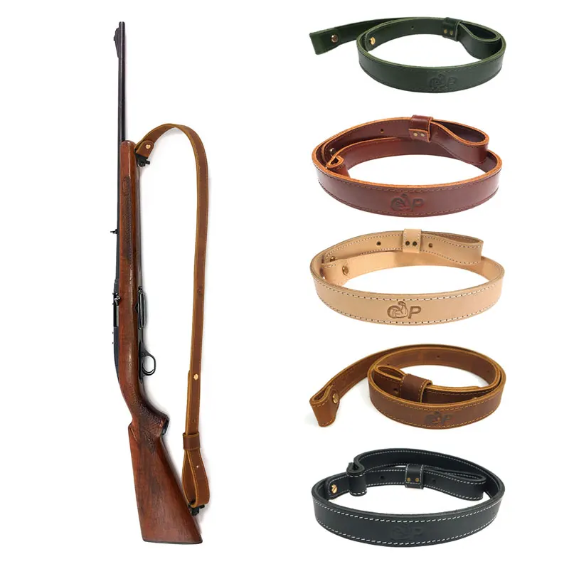 Hunting Rifle Shotgun Sling Shoulder Belt Leather Cow Hide Adjustable Bindings Shooting